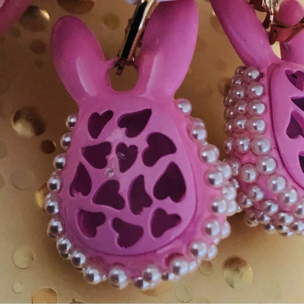 Authentic Betsey Johnson Earrings, Pink Enamel Bunny Pearl Beaded Rhinestone NWT